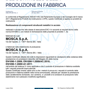 CERTIFICATO DI CONFORMITÀ DEL CONTROLLO DELLA PRODUZIONE IN FABBRICA