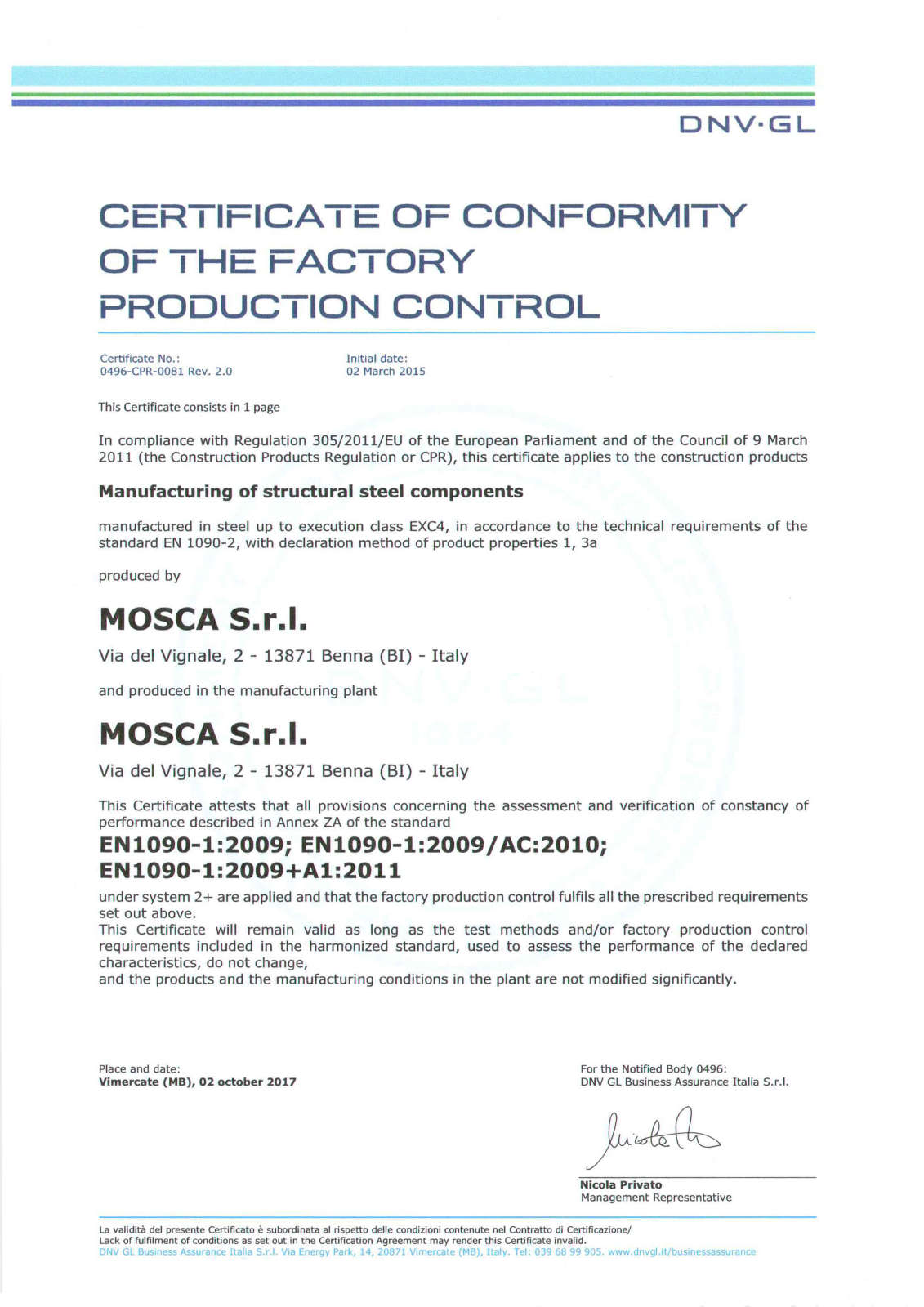 Mosca s.r.l Certificato di Qualità 1090